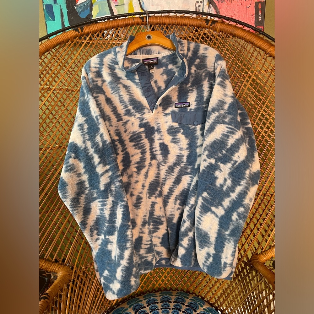 Patagonia Synchilla Snap T Pullover Fleece - Blue/White tye-dye - Size XL BNWOT